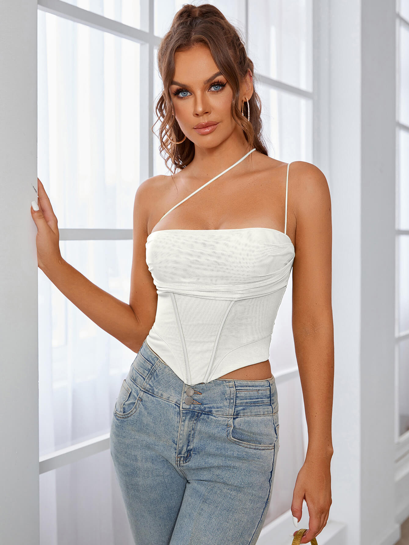 One Shoulder Asymmetrical Hem Mesh Top