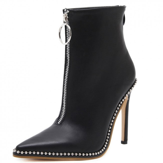Rivet High Heels Ankle Boots With Double Zipper