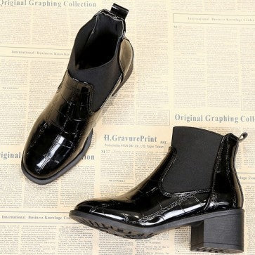 Patent Leather Chunky Heels Ankle Boots