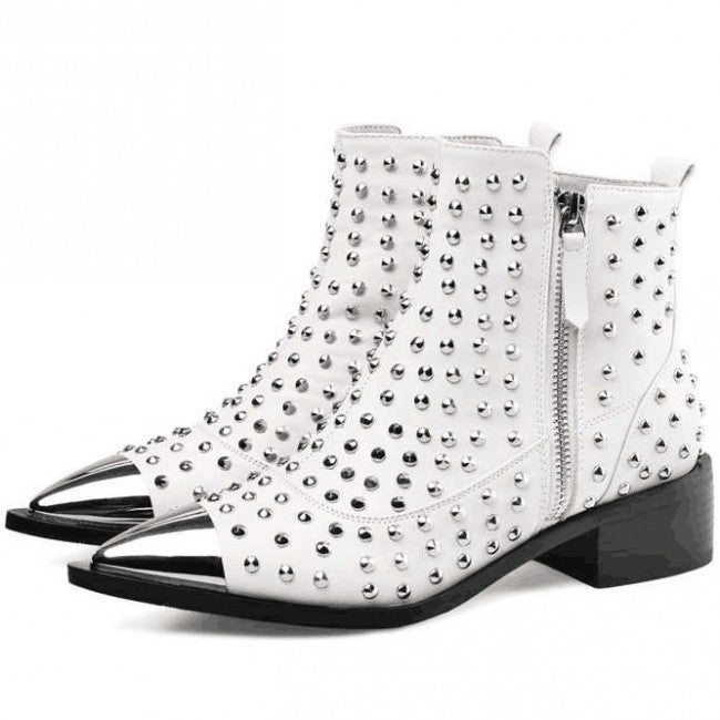 Pointed Toe Chunky Heel Rivet Short Boots With Zipper